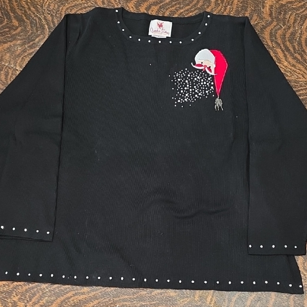 Quacker Factory black long sleeve top with festive Santa and sparkle accents